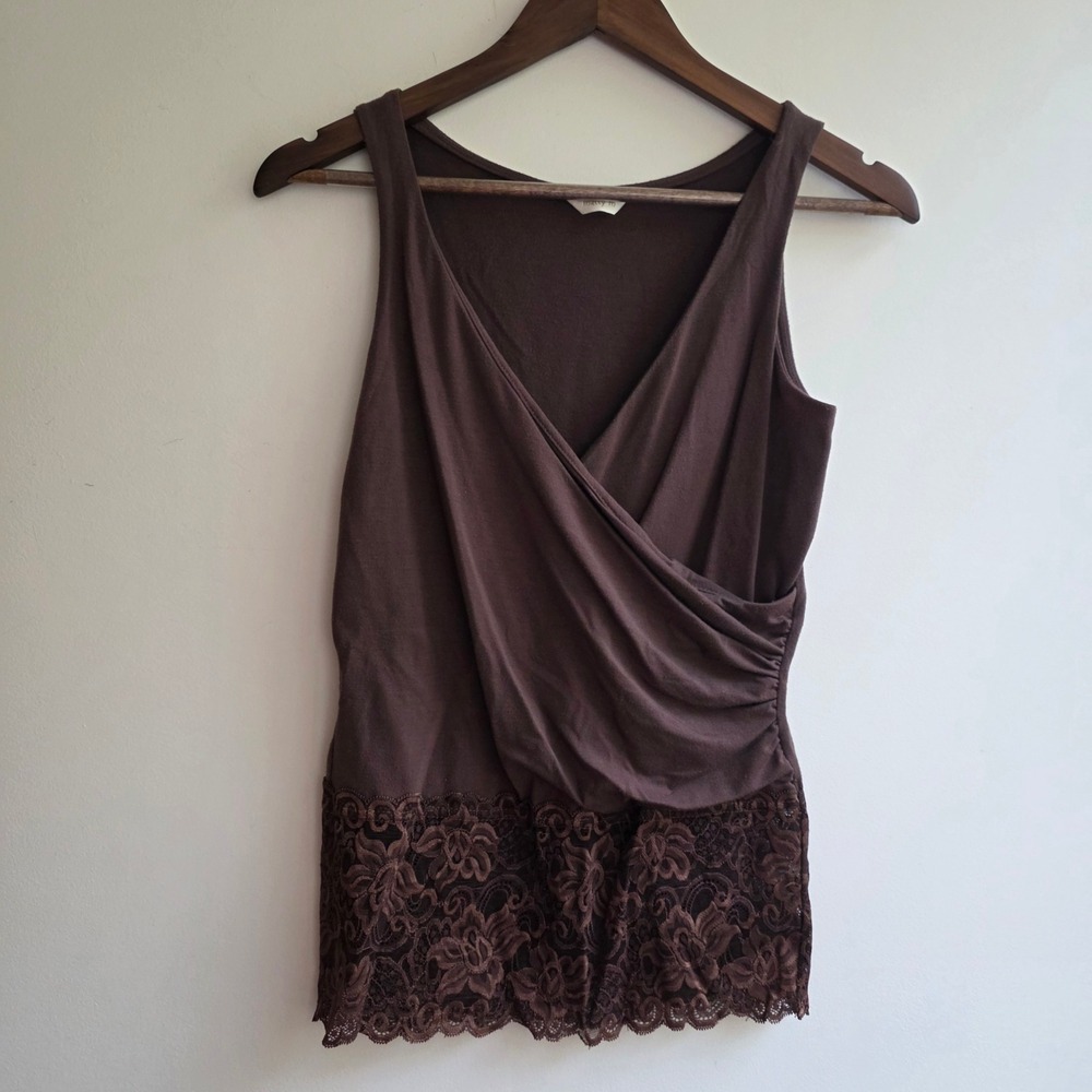Matty M Brown Surplice Wrap Tank Top Lace Hem Vintage Y2K Fairygoth Earth‎ Child